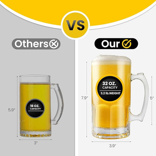 34oz Large Glass Beer Mug Set of 2 with Handle