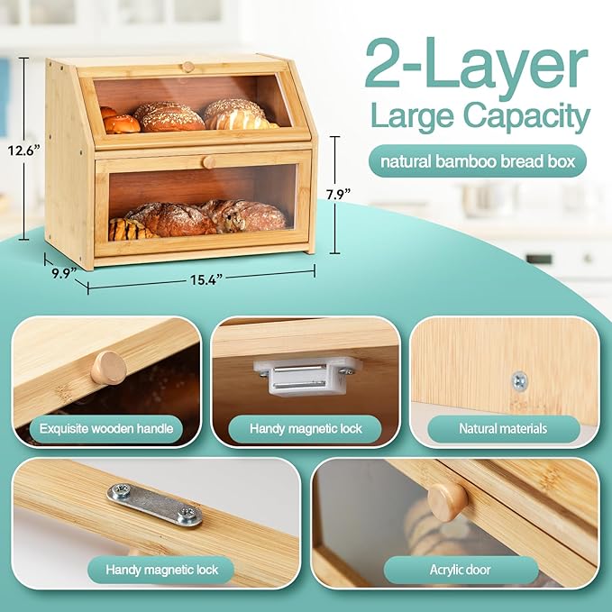 Bread Box for Kitchen Countertop Double Layer,Wooden Extra Large Storage Bin,boxes for kitchen counter Capacity Bin Kitchen Food Storage Container（Natural Wood Color）