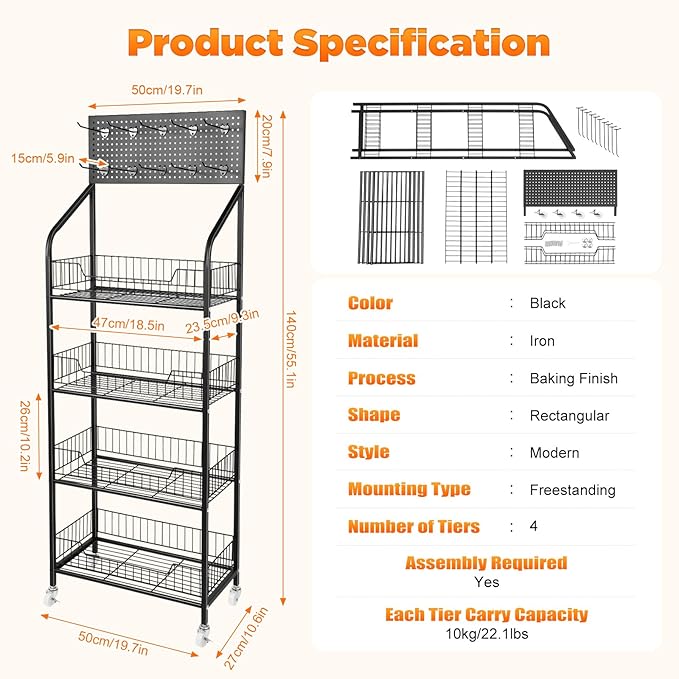 Retail Display Rack 4-Tier Market Merchandise Display Shelf with Wheels and 10 Hooks Metal Display Snack Metal Wire Shelving Movie Theater Candy Rack with Wheels for Home Store Market