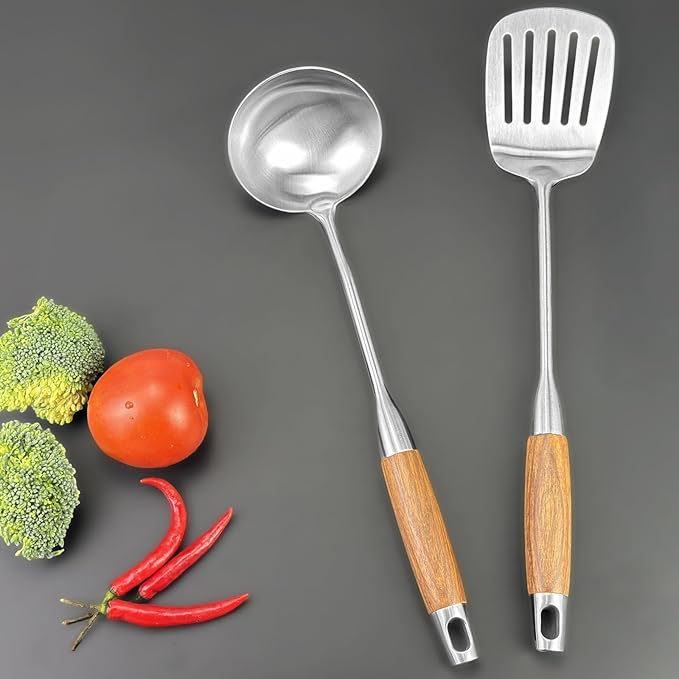 18/10 Stainless Steel Kitchen Utensils Set 4 Pcs Cooking Utensil with Wood Handle, 15” Long Handle Spatula, Soup spoon, Leaking shovel, Kitchen Tools Set (Wood handle - 4 Piece)
