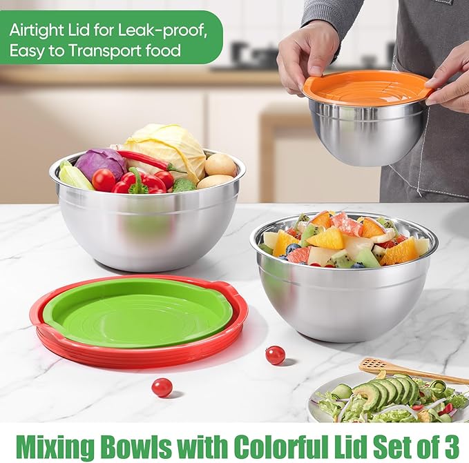 P&P CHEF Multicolor Mixing Bowls with Lids, Set of 3, Stainless Steel Salad Nesting Bowl for Mixing, Storing, Prepping, Airtight & Stackable, Size 4.6/3 /1.5 QT