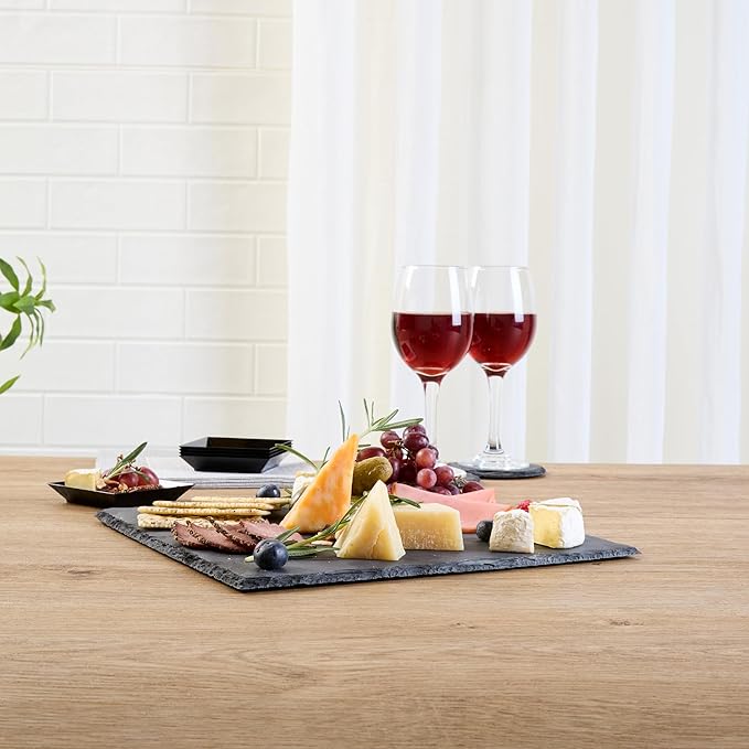 Restaurantware Slate Serving Tray 1 Pack of 12 x 12" Foam Feet Charcuterie Stone Plate Rustic Edges Freezable Black Square Serving Display Cheese Board for Kitchen, Gourmet, Dining, Parties