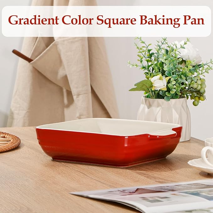 NUTRIUPS 8x8x2.4 inch Square Baking Dish, 50 Oz /1.6 Qt Ceramic Baking Pan with Handles, Casserole Dish for Oven, Porcelain Bakeware (Gradient Red)