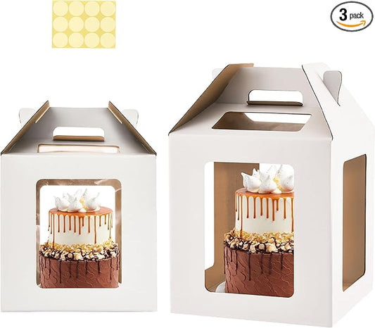Tall Cake Boxes 6 Windows with handle, In 2 Size 12x12x12&14x14x14inch Cake Boxes for 12" & 14" Tiered Cakes,Square Cake Carrier,largeTake Out Transport Containers(2Pcs-White)