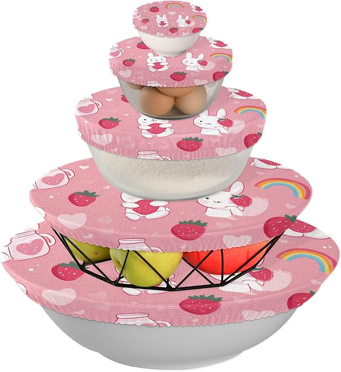 5 Pcs Bowl Covers Reusable in 5 Size Elastic Food Cover Cloth Lids Fresh Keeping Dish Cookware Bakeware Fabric Covers Lids for Food Leftovers Fruits Storage Cute Strawberry Rainbow Rabbit