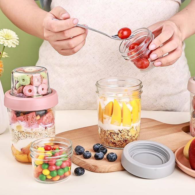 6 Pack Overnight Oats Containers with Lids, 16 OZ Dual Layer Yogurt Containers with Dry and Wet Separation, Airtight Leak Proof Oatmeal Jar for Chia Pudding, Breakfast, Cereal