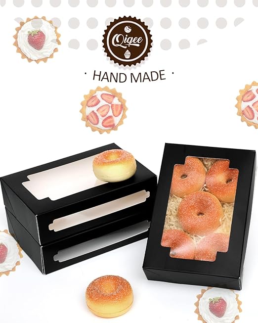 qiqee 50Packs Auto-pop Black Cookie Boxes for Gift Giving 8x5.3x2 inch Black One Second Fold Bakery Box with Window Treat Box for Donuts Candies and Biscuit