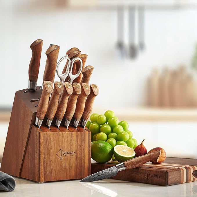 SENKEN 16-Piece Damascus Knife block Set - The Dynasty Collection - Japanese VG10 Damascus Steel with Natural Sycamore Wood Handles, Steak Knives, Scissors, & Sharpening Rod (16-Piece Knife Block Set)