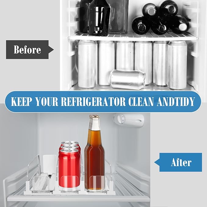 asika Drink Organizer for Fridge, Adjustable Width Soda Can Dispenser for Refrigerator Organizers and Storage, 3 Rows Beer Bottle Beverage Holder with Pusher Glide (14.96" D, White)