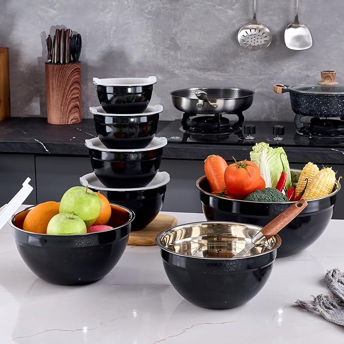 Black Mixing Bowls With Airtight Lids,Stainless Steel Bowl,Salad Bowls 7 Piece Colorful Nesting Bowl Black Kitchen Accessories,Size 7,3.6,2.7,2.1,1.5,1.1,0.8QT Stackable Design