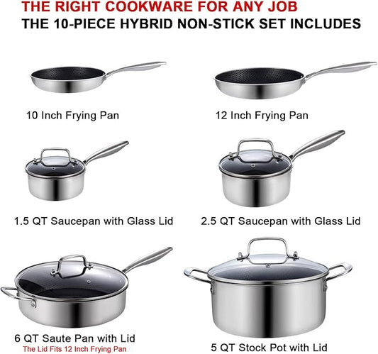 LOLYKITCH 10 Piece Kitchen Cookware Set,Hybrid Tri-ply Stainless Steel Pots and Pans Set,Induction Cookware,Heavy Duty,Dishwasher and Oven Safe.