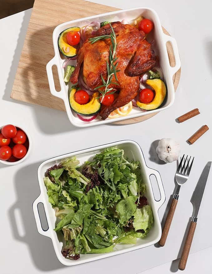 Sweejar 8x8 Baking Pan,Ceramic Casserole Dishes for Oven with Double Handles，2 QT Square Cake Baking Dish for Brownie,Lasagna,Casseroles,Family Dinner(White)