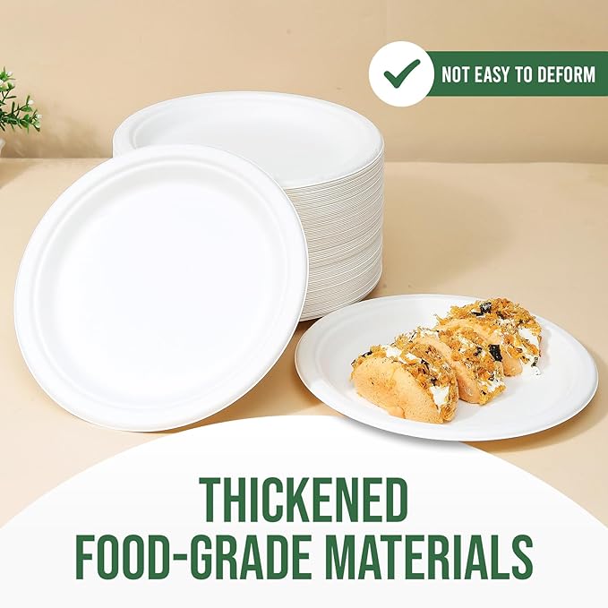 9 Inch Paper Plates 100 Pack - 100% Compostable Dinnerware | Leak & Grease Resistant Disposable Plates for Parties, Microwavable, Bulk Eco-Friendly - White