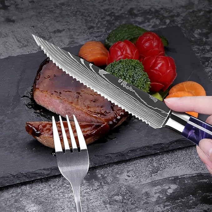 SENKEN Professional Steak Knife Set with Engraved Damascus Pattern, Razor Sharp Blade, High Carbon Steel with Gift Box (Amethyst Purple, Steak Knives Set of 6)