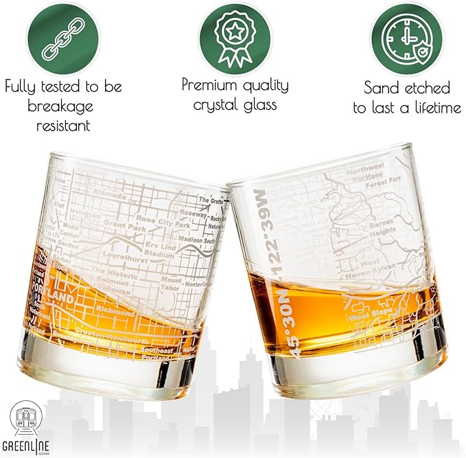 Greenline Goods Whiskey Glasses - 10 Oz Tumbler Gift Set for Portland lovers, Etched with Portland Map Old Fashioned Rocks Glass - Set of 2