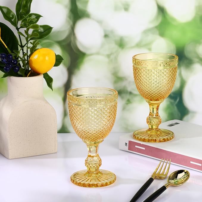 Bokon 6 Pack Amber Glass Goblets Set 10 oz High Clear Wine Glass Vintage Water Goblets Cups Embossed Diamond Design Glassware with Stem for Drinking Juice Liquor Party Wedding Bar
