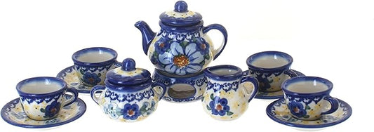 Blue Rose Polish Pottery - Blue Daisy Surprise Miniature Tea Set - 1 Set - Polish Pottery Collectible Tea Set with Teapot & Cups, Decorative Gift