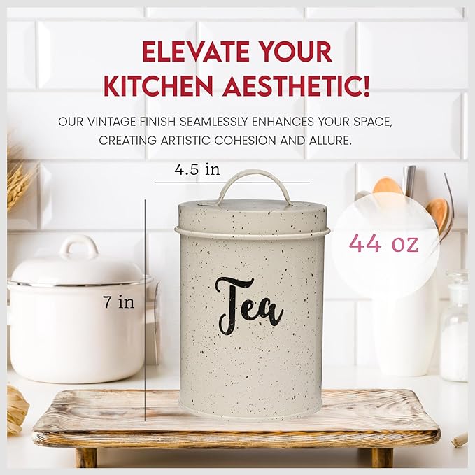 Amici Home Maddox Metal Tea Canister | Dry Food Storage Container | Speckled Cream Canister for Kitchen Countertop | Storage Jar for Tea with Handle | 44 Oz