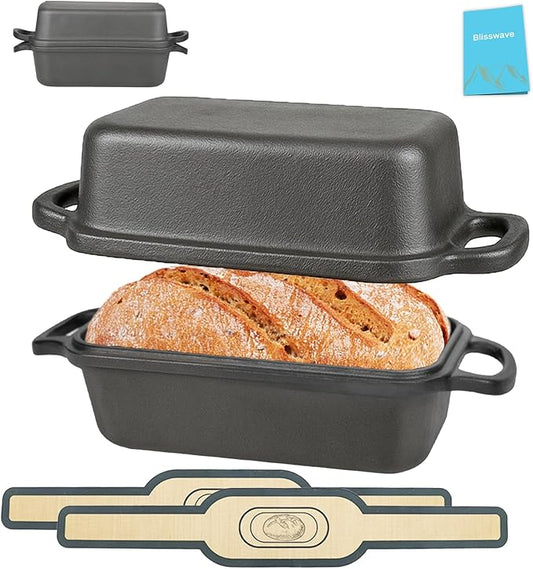 Cast Iron Bread Pan with Lid, Cast Iron Bread Loaf Pan with 2 Silicone Bread Mats, Sourdough Loaf Pan with Lid, Heavy Duty Loaf Pans for Oven Baking Bread, Bread Pans for Homemade Bread(Black)