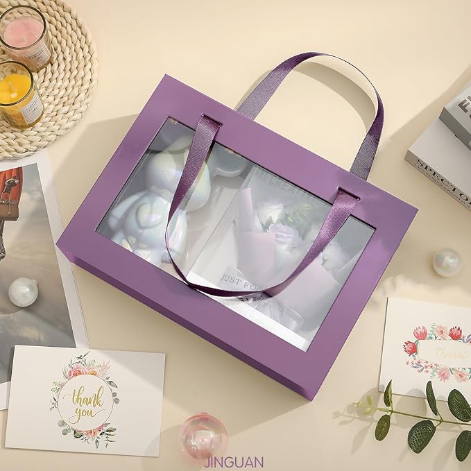 Purple Gift Box with Window, Gift Box with Lid and Handle, Clear Magnetic Gift Box for Present, Bridesmaid Proposal Box (10.5x7.5x3 Inches