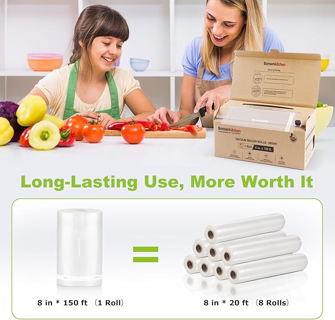 [2025 New] Bonsenkitchen 8” x 150’ Vacuum Sealer Bags Rolls with Cutter for Food Storage, Commercial Grade, BPA Free, Great for Meal Prep and Sous Vide Cooking