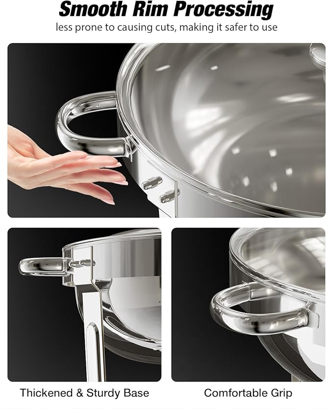 Round Chafing Dishes for Buffet with Glass Lid (5QT, 2 Pack), Chafers and Buffet Warmers Set with Mirror-Polished Stainless Steel, Rolled Rim, Stackable, Lid Holder for Parties, Catering