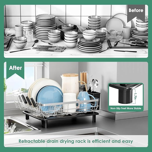 MOUKABAL Dish Drying Rack - Stainless Steel Dish Rack, Dish Racks for Kitchen Counter, Drying Rack Kitchen with Removable Utensil Holder, Drainboard and Glass Organizer (Black)