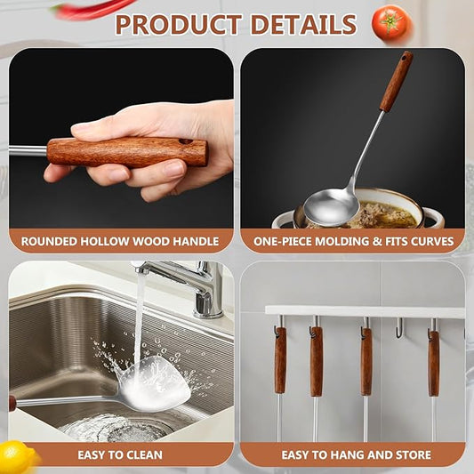 304 Stainless Steel Kitchen Utensils Set, 4 Pcs Long Cooking Utensils Set with Wooden Handle, Large Heat Resistant Kitchen Tools(Dishwasher Safe)