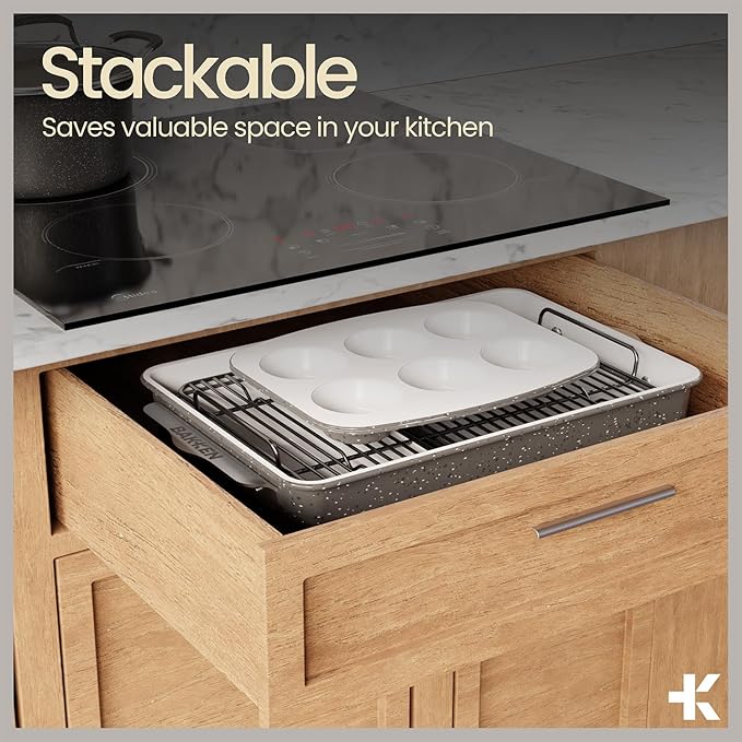 Bakken 8-Piece Stackable Bakeware Set – Ceramic Non-Stick, Oven-Safe Baking Sheets & Pans, PTFE/PFOA/PFOS-Free, Ergonomic Handles, Includes Cooling Rack – Healthy, Non-Toxic Baking Essentials