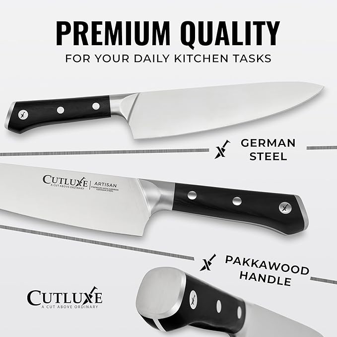 Cutluxe 15-Piece Knife Set – Premium Rubberwood Wood Block – Knife Set for Kitchen, Ultra Sharp High Carbon German Stainless Steel, Full Tang – Artisan Series
