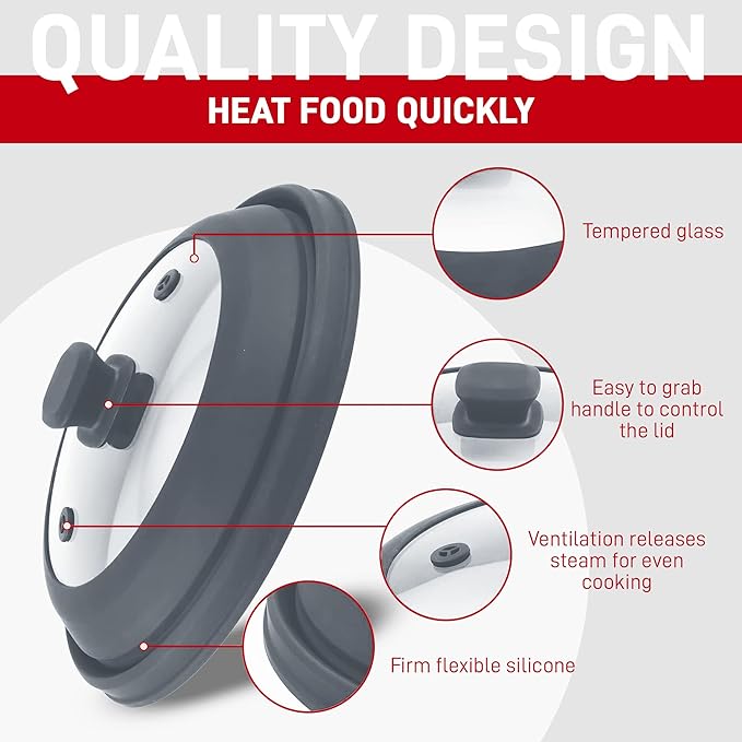 Microwave Splatter Cover Glass 10 Inch - Collapsible Microwave Splatter Cover for Plate & Bowl - Tempered Glass Top, Food-Grade Silicone Dome with Heating Vents & Heat-Safe Handle