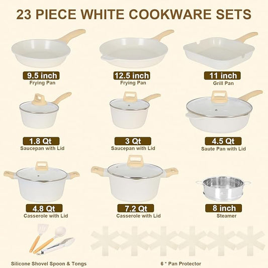 Romswi 23pcs Pots and Pans Set Non Stick, Kitchen Cookware Set with Casserole, Frying & Saucepans, Oven Safe & Stovetop Agnostic Non Toxic Cookware(Gas, Electric & Induction) - White