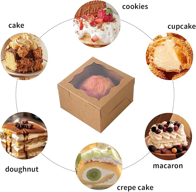 150pcs Brown Small Cake Box,4x4x2.5 Inch Bakery Boxes with Window,gift boxes bulk for Mini Cake Pastry Dessert Strawberries Chocolates Cupcakes with Stickers