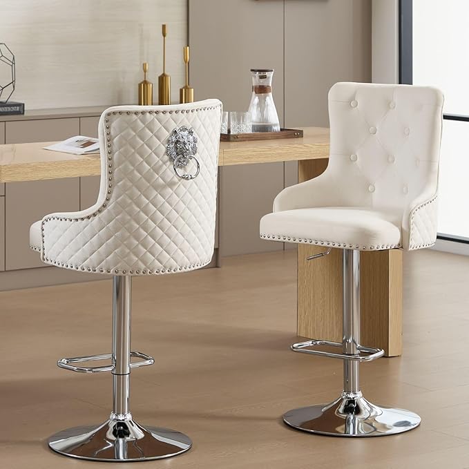 Beige Velvet Bar Stools Set of 2 with High Tufted Backrest, Lion Pull Ring, Chrome Base Footrest for Kitchen Island