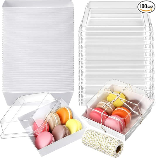 Ctosree 100 Pcs Paper Charcuterie Boxes with Clear Lids 4.5 Inches Disposable Cake Square Dessert Container Bakery Boxes Bundle with Rope for Food Cake Slice Cookie Sandwich Dessert(White)