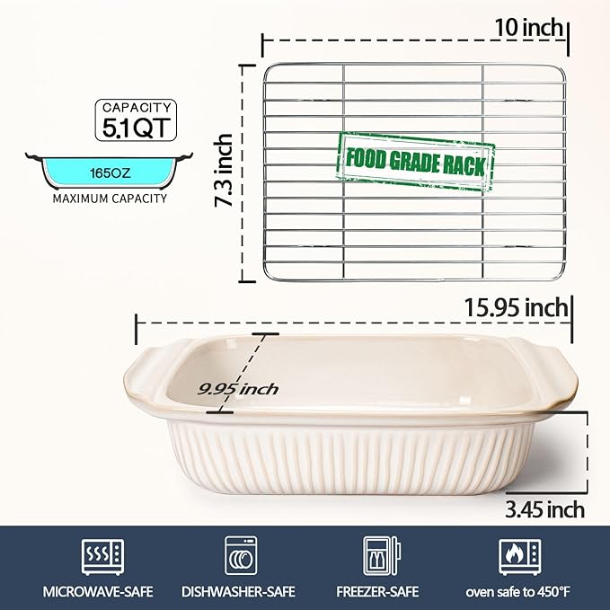 Artena Baking Dish 5.1 Quarts, Casserole Dishes For Oven, Baking Pan With Handles, Lasagna Pan Deep, Large Casserole Dish, Rectangular White Ceramic Bakeware (Baking Dish With Rack)