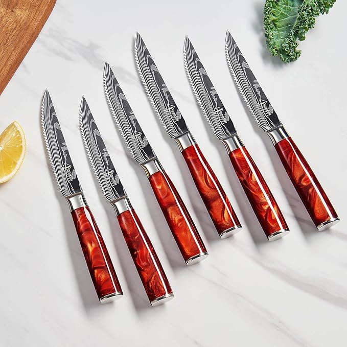 SENKEN Professional Steak Knife Set with Engraved Damascus Pattern, Razor Sharp Blade, High Carbon Stainless Steel with Beautiful Gift Box, Blue & Red Resin Handles