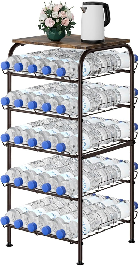 smusei Water Bottle Organizer 5 Tier Free Standing Water Bottle Holder Rack Large Capacity Bottled Water Storage Rack Metal Soda Can Beverage Drink Stand Shelf for Kitchen Pantry Office, Brown