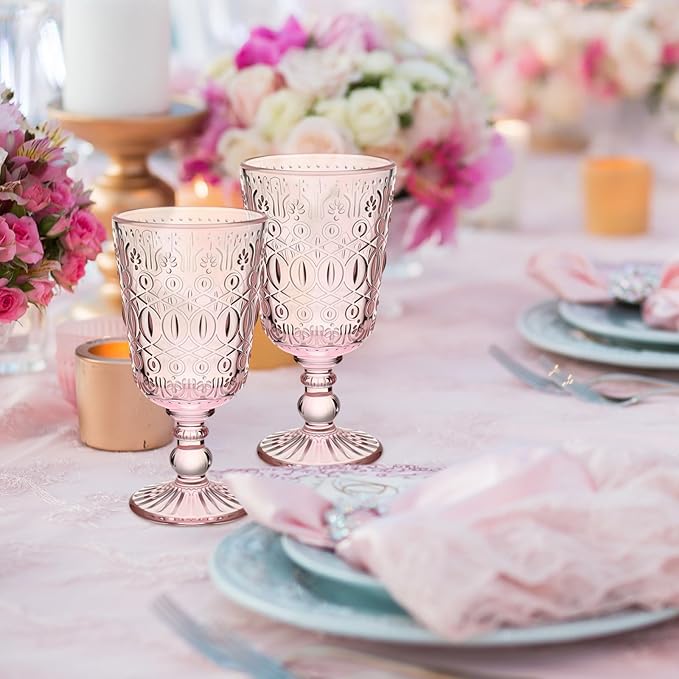 Eaasty Wine Glasses Set of 6 Vintage Goblet 9 oz Vintage Colored Glass Goblet Beverage Stemmed Glass Cups Romantic Embossed Glassware for Wedding Party Holidays Anniversary (Pink)