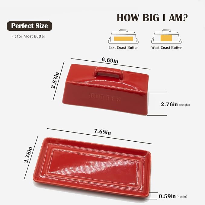 Ceramic Butter Dish With Lid for Countertop, Covered Butter Container, Large Butter Holder With Lid, Butter Tray With Handle Red