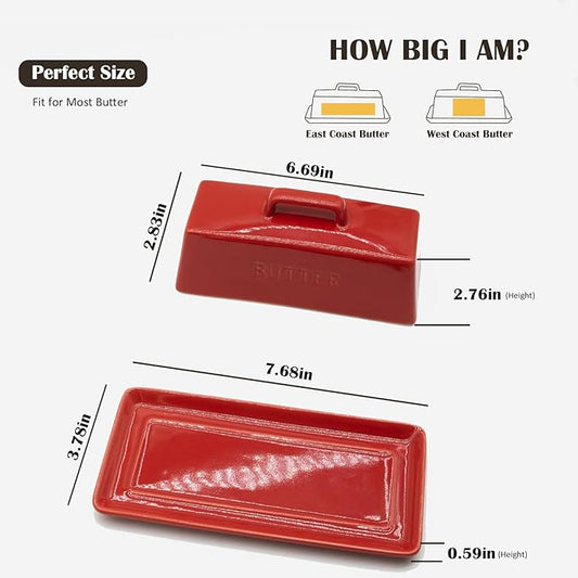 Ceramic Butter Dish With Lid for Countertop, Covered Butter Container, Large Butter Holder With Lid, Butter Tray With Handle Red