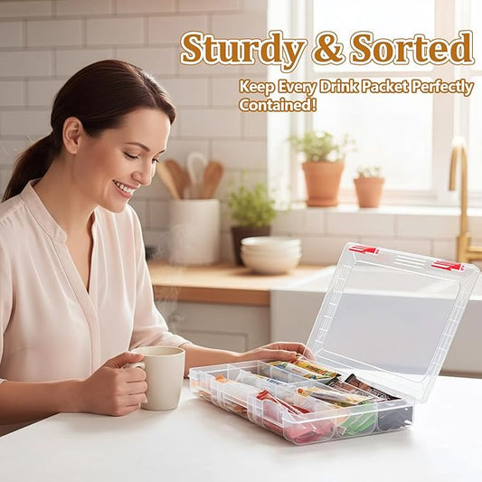 Water Packet Organizer – Stackable Clear Acrylic Water Flavor Packet Organization with Removable Dividers & Secure Lid for Kitchen, Countertop, Pantry, and Travel (Red)