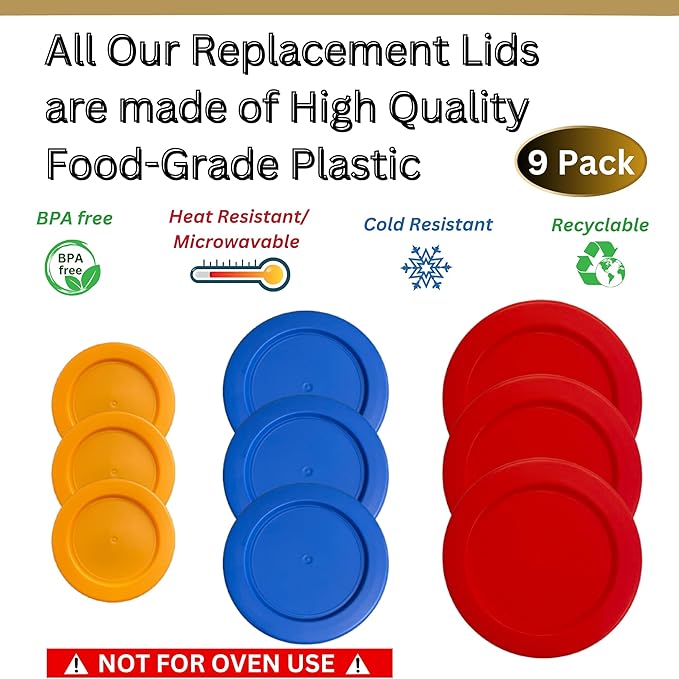 2, 4 & 7 Cup Orange, Blue, Red Replacement Lids/Covers for Pyrex, Anchor Hocking & KlareWare Storage Bowls *Lids Only Glass Container Not Included* (9 Pack *Three of Each Size*)