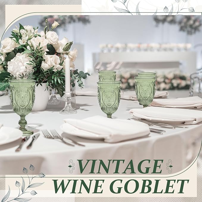 24 Pcs Plastic Goblets 7.5oz Vintage Goblet Plastic Wine Glasses Colored Retro Embossed Water Goblets for Wine Bar Juice Baby Shower Wedding Reception Grand Event Party (Olive Green)