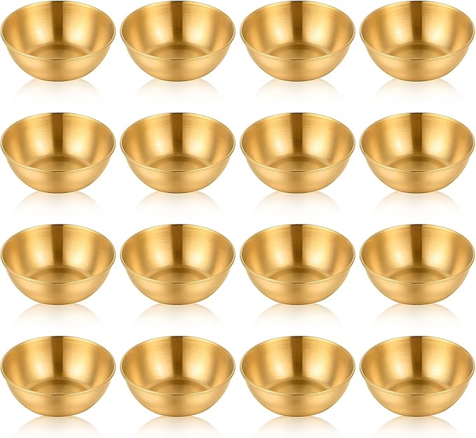 16 Pcs 3.5 inch Stainless Steel Sauce Dishes Mini Individual Saucers Bowl Round Seasoning Dishes Sushi Dipping Bowl Appetizer Plates (Gold)