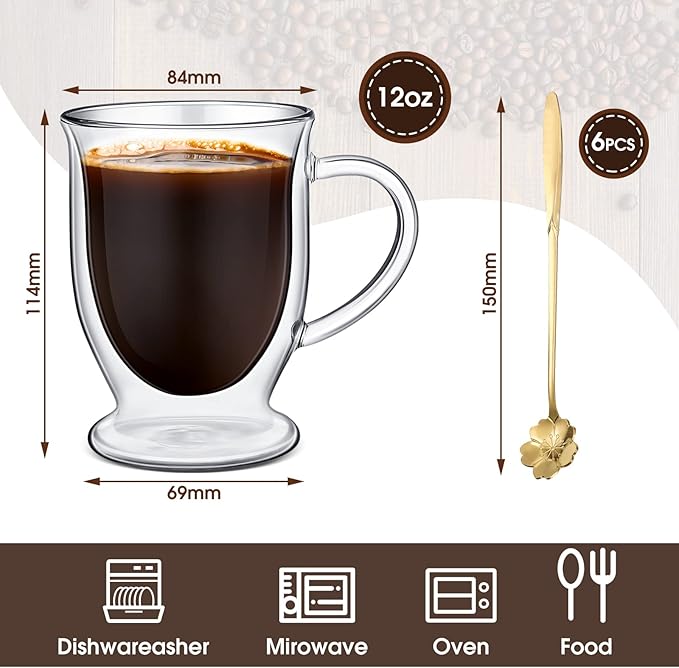 Gejoy 6 Sets Double Wall Glass Coffee Mugs with Spoon Insulated Clear Coffee Mug with Handle Borosilicate Glass Coffee Cups Latte Cup for Cappuccino, Tea, Latte, Espresso, Hot Beverage(12 OZ)