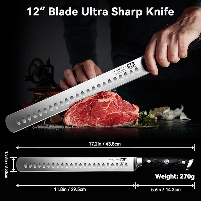 SHAN ZU 12" Brisket Slicing Knife - Carving Slicing Meat Knife Professional German 1.4116 Stainless Steel Razor Sharp Blade, Ergonomic Wood Handle & Full Tang Design, Gift Box Included