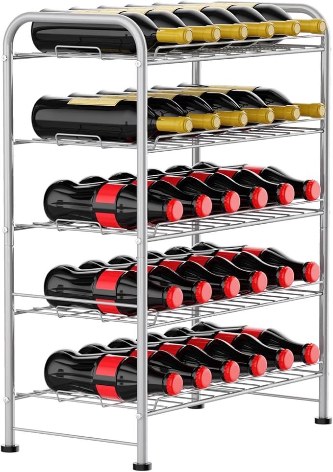 Water Bottle Holder Organizer 5 Tier Water Bottle Storage Rack, Freestanding Floor Beverage Soda Can Dispenser Organizer Rack for Pantry, Kitchen Countertop, Cabinet, Office, Hold 30 Bottles, Silver