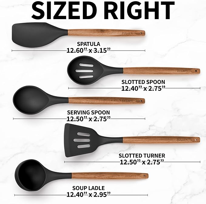 Zulay Kitchen Non-Stick Cooking Utensils Set with Authentic Acacia Wood Handles – 5-Piece Durable & Stylish Silicone Kitchen Utensils Set – Heat Resistant to 464°F – Black