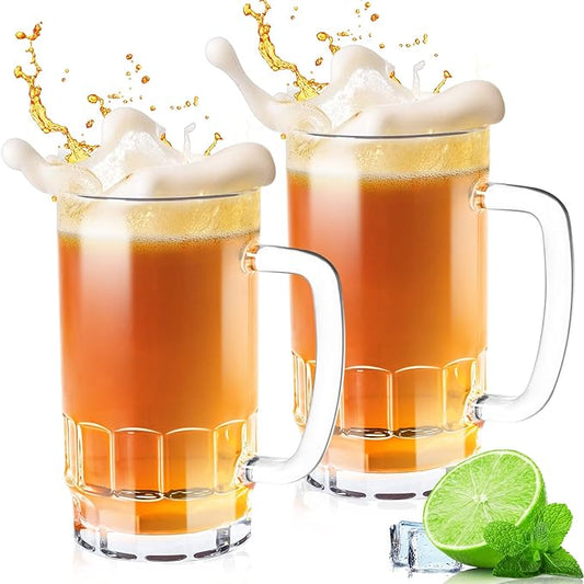 20 OZ Beer Stein Mugs, German Clear Large Tall Beer Glasses With Handle for Men, Vertical Bar Mug Set of 2